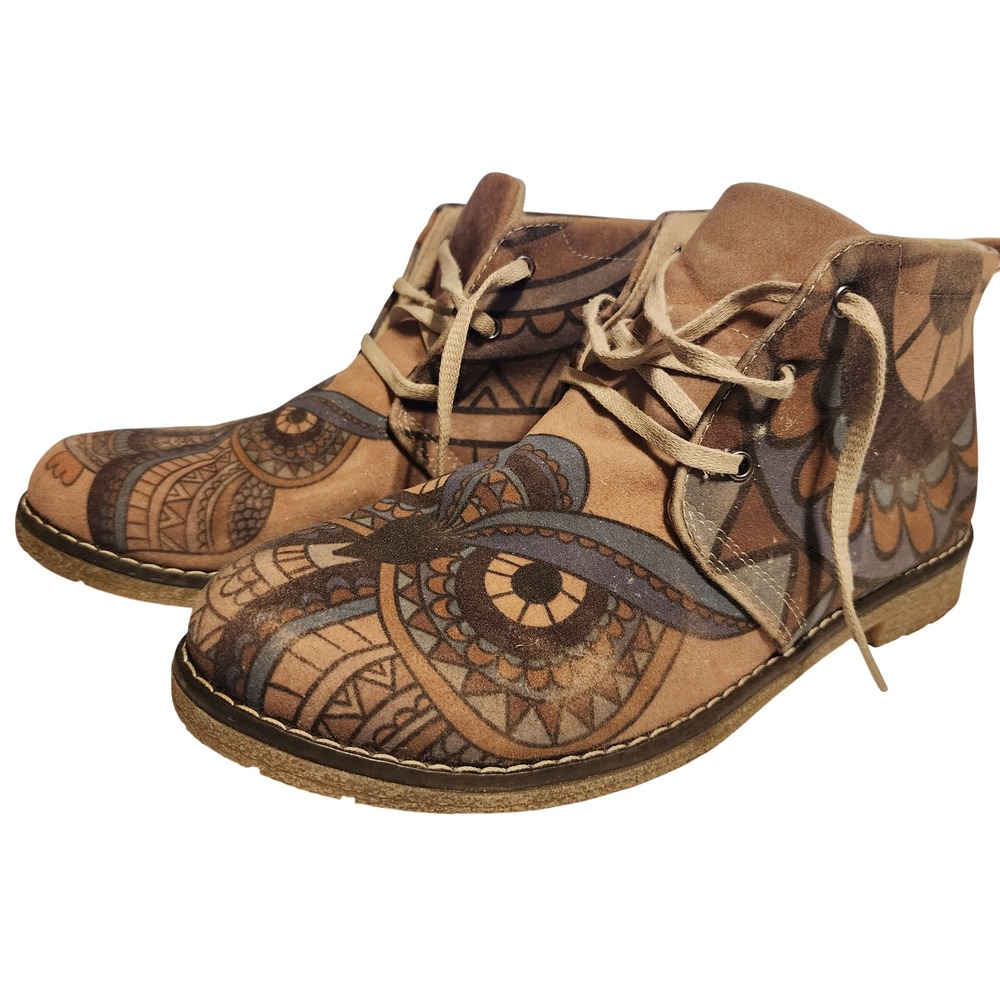 Goby Owl Print Turkish Ankle Boots Tan Geometric Lace Up Chukka EU 40 US 9